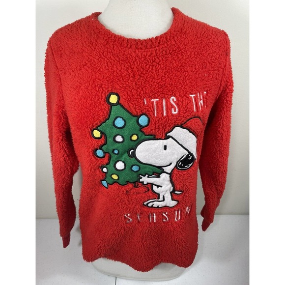 Peanuts Womens Sweater Snoopy Tis The Season Fleece Top Holiday Christmas Sz M